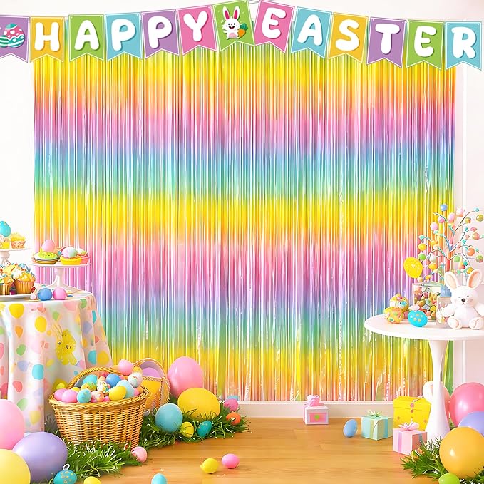 Easter Decorations - Rainbow Tinsel Streamers Backdrop Banner | Easter Party Favors Supplies Indoor Outdoor - Spring Birthday Decor Party Accessories for Wall Door