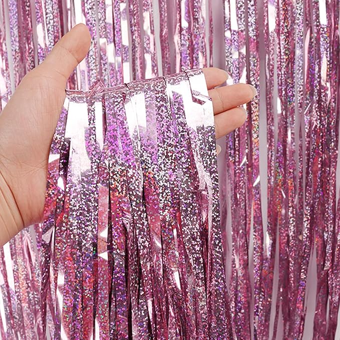 Pink Backdrops Curtains Party Decorations, Tinsel Streamers Birthday Decoration for Women Sweet 16, Photo Booth Props for Princess, Wedding, 4Pack 3.28X6.56Ft