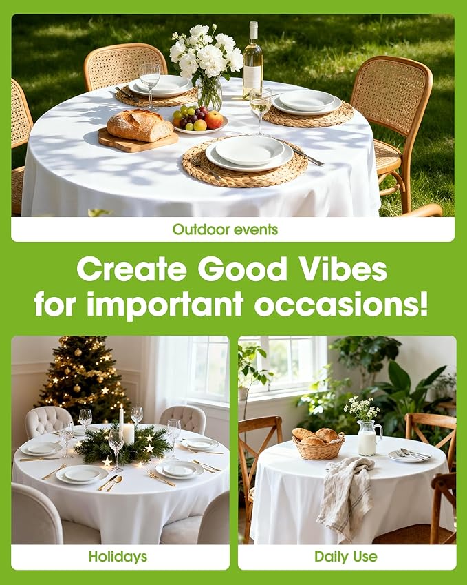 Pureegg Plastic Table Cloth Disposable 10 Pack, 84'' Round Table Cloths, Party, Picnic, Wedding, Decorative Tablecloths, Round, White Plastic Cover, Leakproof & Sturdy, White