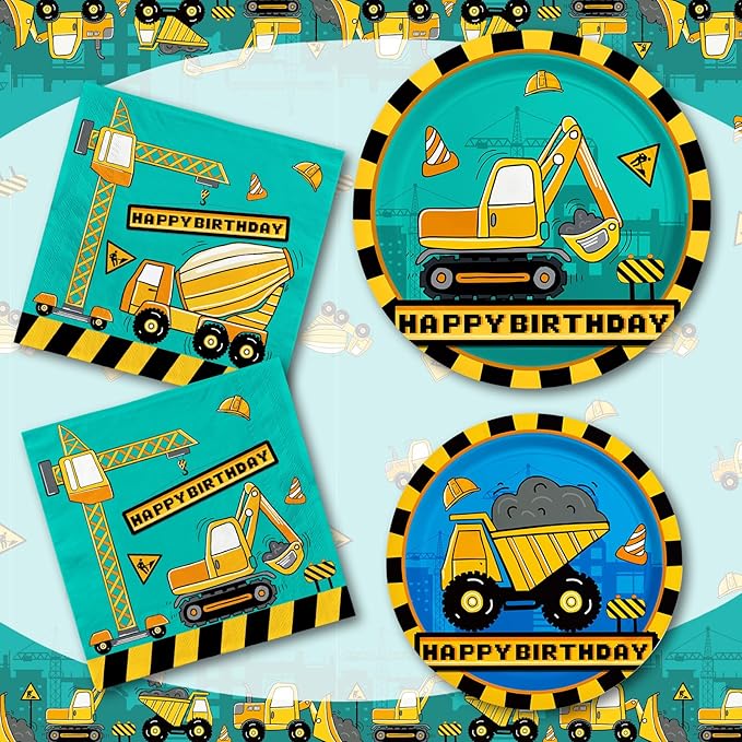 Construction Birthday Party Supplies Kit - Disposable Paper Plates, Napkins, Cups, Tablecloth, & Banner - Construction Theme Birthday Party Decorations, Serve 25