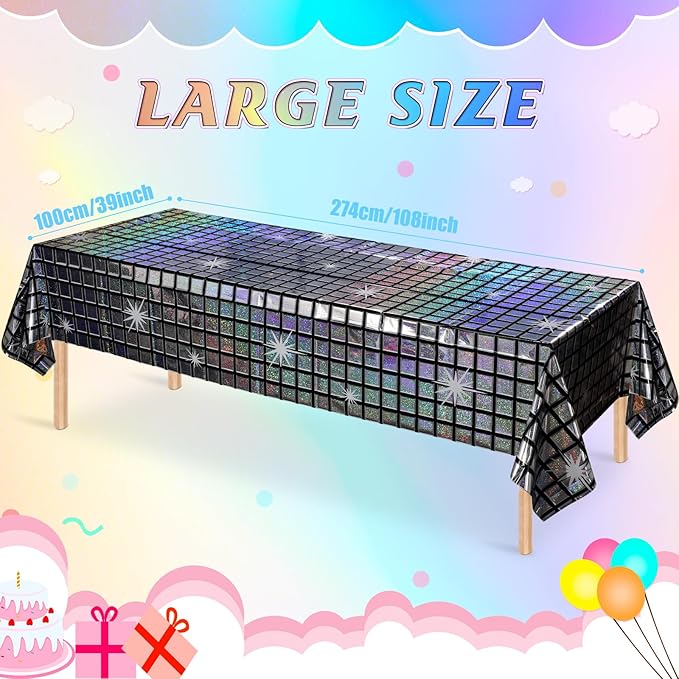 6 Pack Disco Tablecloth Party Decorations, Shiny Iridescent Disposable Laser Rectangle Table Covers, Silver Holographic Plastic Table Cloth for 70s Disco Birthday Theme Party Decorations, 39 x 108Inch