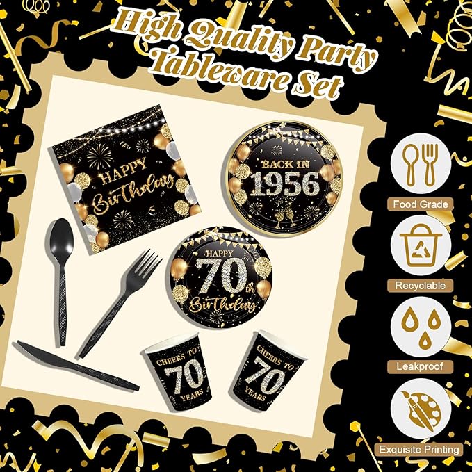240 Pcs 70th Birthday Decorations 1956 Birthday Party Tableware Include Plates Napkins 9oz Cups Cutlery 70th Anniversary Party Supplies for Men Women Him Her, Serve 30 Guests (Black Gold)