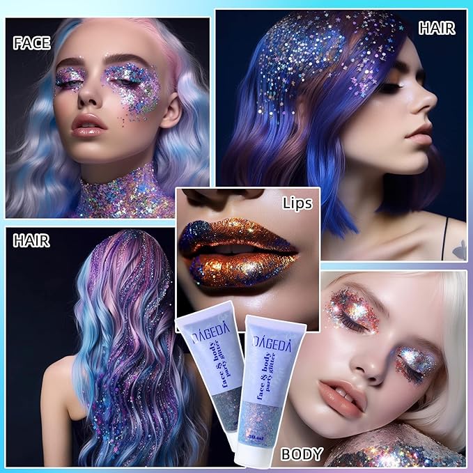 DAGEDA Body Glitter Gel, Face Glitters Body Gel Sequins Shimmer Liquid Eyeshadow, Chunky Glitter for Face Hair Nails, Holographic Cosmetic Laser Powder Festival Glitter Makeup 1.7oz (Mermaid)