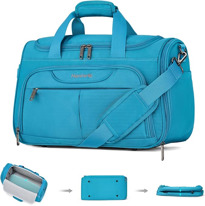 Hanke Foldable Underseat Carry On luggage Bag, Travel Tote Bag for Women & Men, Personal Item Travel Bag Softside Lightweight Luggage Bags for Travel Flight Crew Overnight Weekender.(Caribbean Blue)