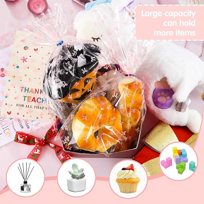 SOMIOCO Clear 50 PCS 12X16 In Cello Cellophane Treat Bags Party Favor Bags Pink Candy Cookie Bags Plastic Gift Goodie Bags with Twist Tie for Birthday,Baby shower,Wedding (Bow pattern)