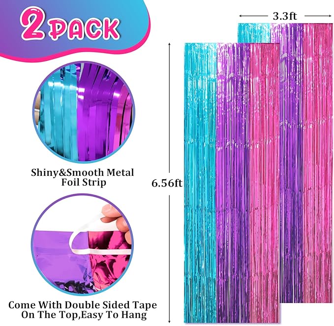 2 Pack Blue Purple Pink Foil Fringe Backdrop Curtains, Tinsel Streamers Party Decorations, Fringe Backdrop, Door Shimmer for Mermaid or Birthday Party