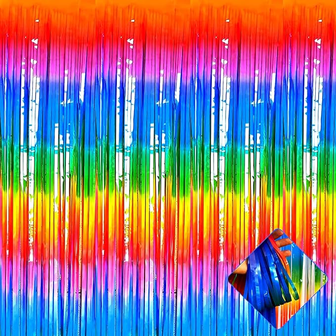 4 Pack 3.2Ft x 8.2Ft Rainbow Foil Fringe Curtain Backdrop, Metallic Tinsel Foil Fringe Streamers Curtains Background for Photo Booth, Birthday, Wedding, Disco, Bachelorette, Christmas Party Decoration