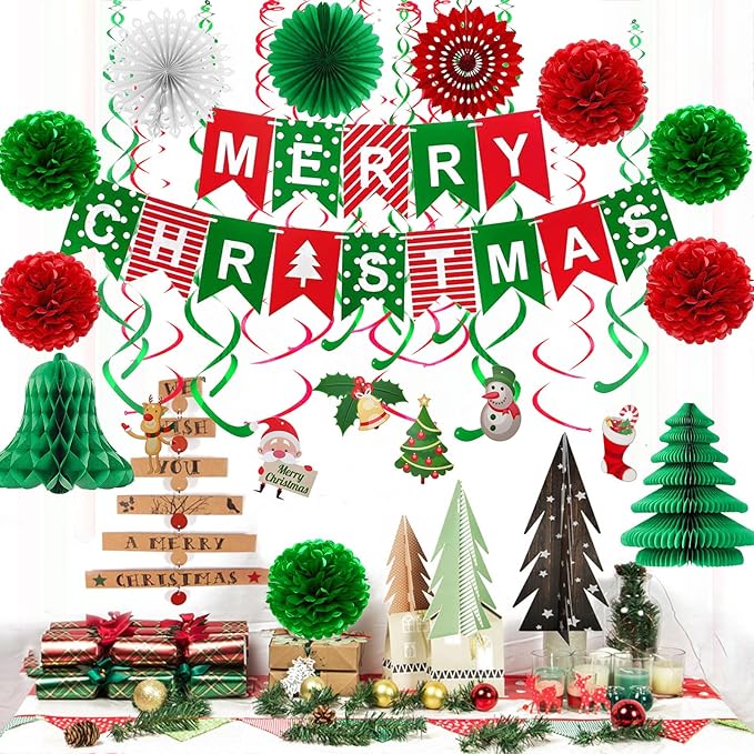 Fecedy MERRY CHRISTMAS Hanging Paper Banner Pom poms Paper flower Fan Swirl Streamers&Christmas tree Santa Claus Banner For Merry Christmas Party Decorations