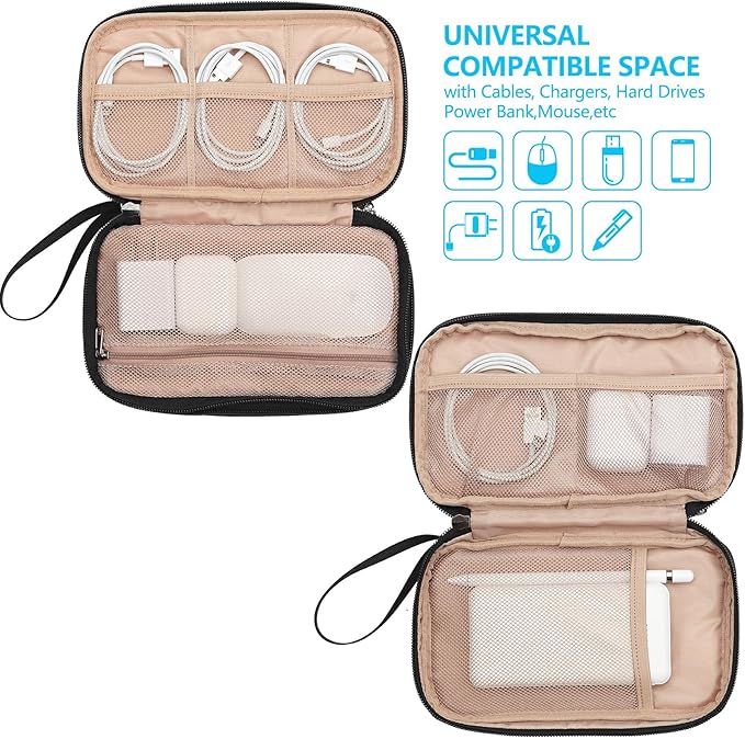 NISHEL Travel Cord Organizer Case, Double Layers Tech Electronic Bag, Essentials for Charger, Cable, Phone, Flash drive, Medium, Black