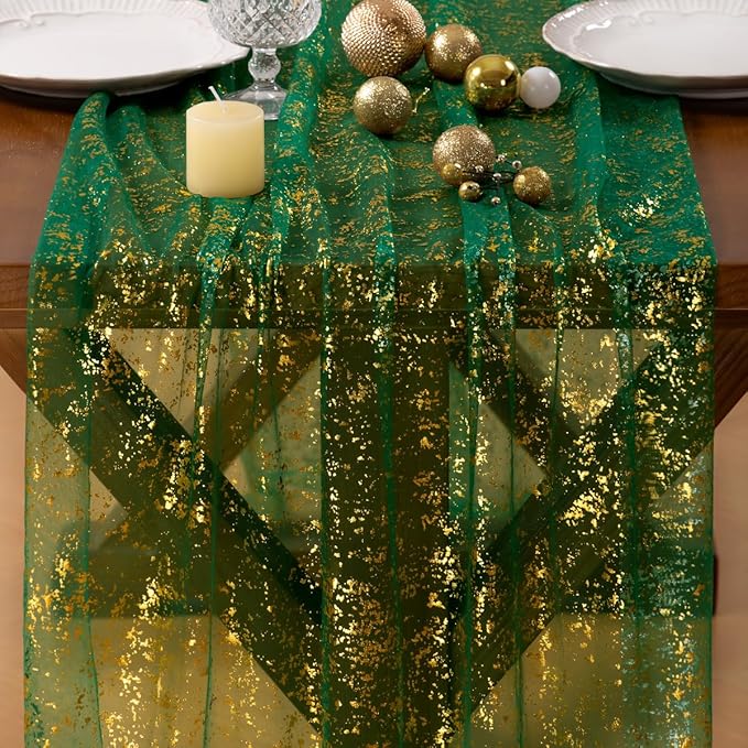 Socomi Christmas Snow Table Runner Gold Gauze Sheer Chiffon Cheesecloth Sequin 10FT Glitter Metallic Foil Dining Wedding Birthday Party Holiday Centerpiece Table Decor 3pcs Emerald Green