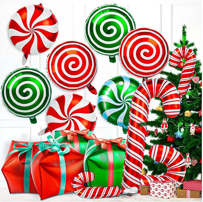 32Pcs Christmas Balloons, Christmas Candy Cane Foil Balloons with Ribbons, Red Green Mylar Balloon for Party Decorations