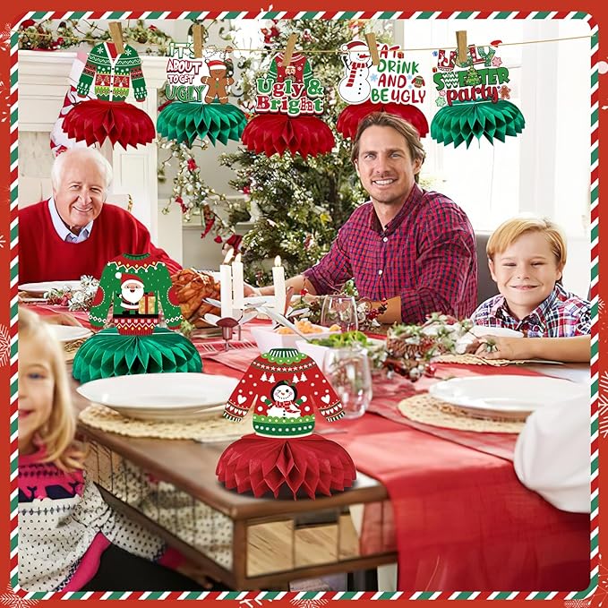 JULMELON 8PCS Ugly Sweater Party Decorations Honeycomb Centerpieces, Ugly Sweater Christmas Party Centerpieces for Tables Ugly Sweater Table Decor 3D Table Toppers for Christmas Winter Party Supplies