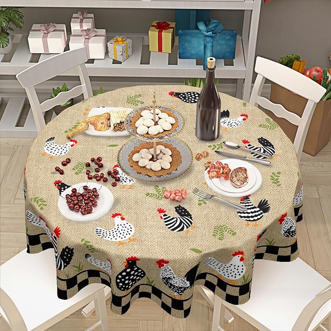 Rooster Round Tablecloth 70 Inch Chicken Farmhouse Circle Table Cloth Rustic Vintage Table Cover Washable Polyester Decorations for Holiday Home Kitchen Dinning Party