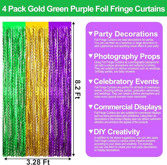 4 Pack Gold Green Purple Wave Foil Fringe Curtain Backdrop, 3.28Ft x 8.2Ft Metallic Tinsel Foil Fringe Streamer Curtains for Photo Booth, Mother's Day, Easter, Birthday, Wedding Party Decoration