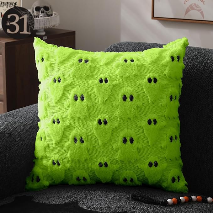DFXSZ Halloween Pillow Covers 16x16 inch Set of 2 Green Ghost Throw Pillow Cases Soft Plush Faux Fur Wool Couch Cushion Case for Chair Sofa Bedroom Living Room Home Decor PTK03Y16