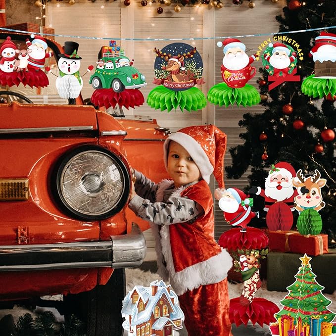 15PCS Christmas Party Honeycomb Centerpieces, Christmas Party Table Decoration With Santa Claus, Christmas Tree, Snowman for Holiday XMAS Supplies Christmas Party Supplies