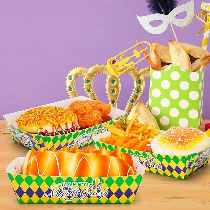 100 PCS Mardi Gras Decorations, 5.94" Plaid Stripe Snack Trays, Purple Gold Design Hot Dog Trays Mardi Gras Paper Trays for Food, Fat Tuesday Table Decorations Masquerade Party Decorations