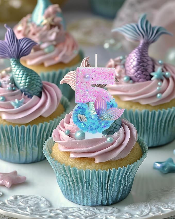 Mermaid Themed Birthday Candles, Number 5 Girls Glitter Birthday Party Supplies,Anniversary Party Decor,2.87 inch Cake Topper Decorations (Mermaid Themed, Number 5)