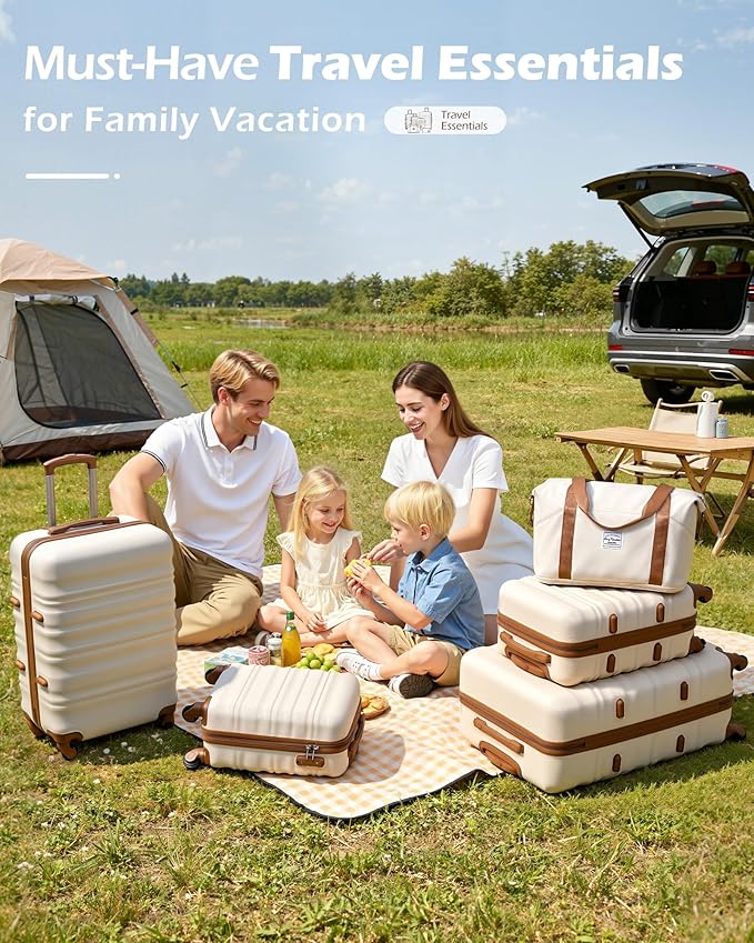 LONG VACATION 6 Piece Luggage Set Carry on Suitcase with ABS+PC hardshell, Spinner Wheels & YKK Zipper TSA Lock (BEIGE-BROWN, 6 piece set)