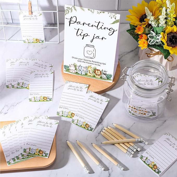 Roowest Baby Shower to Baby Advice Cards for New Parents to Be - Tip Jar Sign for New Parents 60 Parenting Advice Cards 10 HB Pencils 2 Cute Stickers 1 Pet Bottle for Guests Games(Animal)