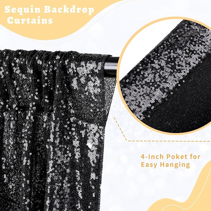 B-COOL Black Sequin Backdrop Curtain Sequin Background Fabric Drapes 2 Panels 2FTx8FT Photography Backdrop for Birthday Wedding Party Stage Photo Booth Decoration