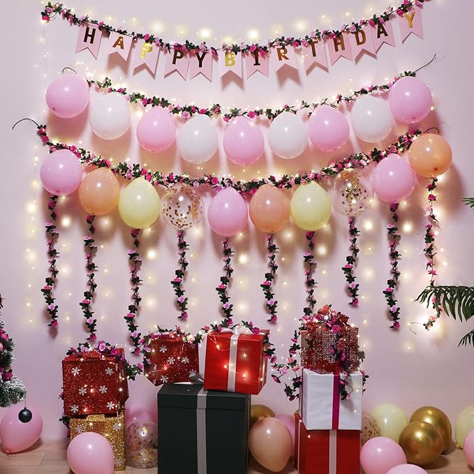 MARTINE MALL Flower Garland Rose Vines, 5 Strands 41Ft Flowers Vines for Bedroom with 33 Ft/100 LED String Lights, Rose Flower Garland Decoration, Rose Floral Garland for Room Table Wedding Decor