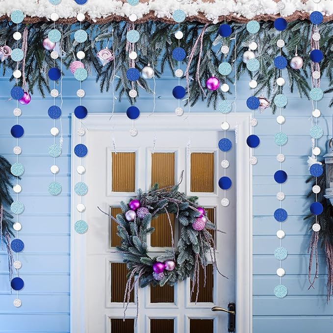 Outus 5 Pieces Round Dots Circle Garland Royal Navy Blue Hanging Paper Hanging Decor Each Length 13.1ft Glitter Paper Dot Streamers for Birthday Wedding Classroom Bridal Baby Shower(Silver, Blue)