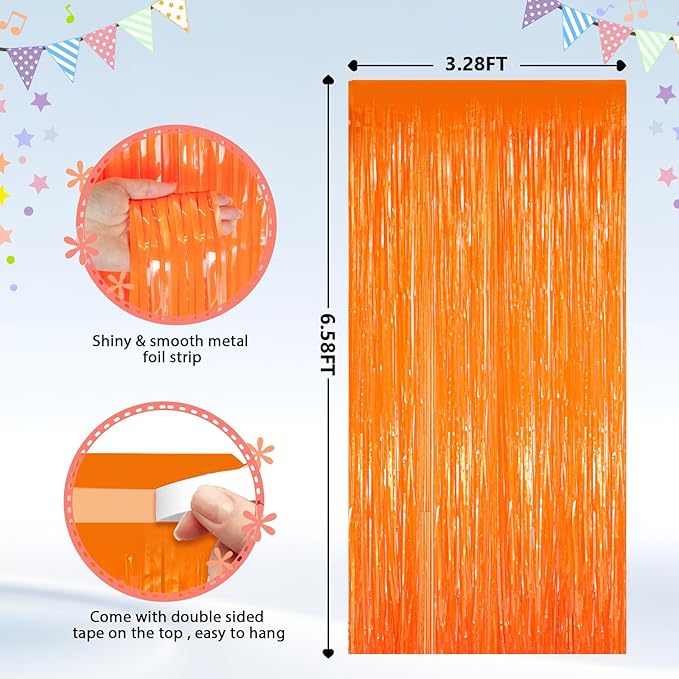 GCB 2Pack Orange Fringe Curtain Party Streamers, Foil Fringe Backdrop Curtains for Birthday Decorations Wedding Graduation Bridal Baby Shower Tinsel Streamers Orange Party Decorations Door Streamer