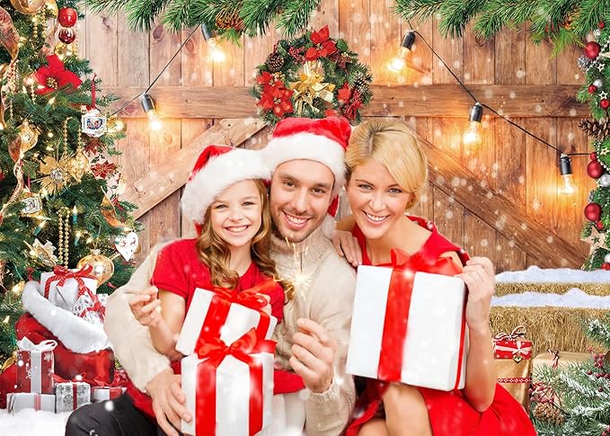 CYLYH 7x5FT Christmas Barn Wood Door Photography Backdrop Xmas Tree Snow Gift Wall Floor Party Photo Background for Holiday New Year Party Banner Family Holiday Party Supplies D554