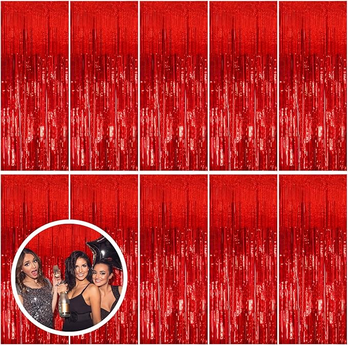 10 Pack Red Streamers Party Backdrop Christmas Decorations Foil Fringe Backdrop Curtains Carnival Casino Theme Birthday New Year Holiday Celebration Bachelorette Party Decorations Supplies