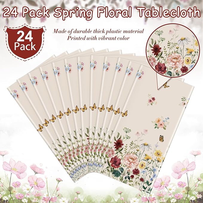 24 Pcs Spring Floral Tablecloth, Butterfly Wildflower Plastic Disposable Tablecloth Rectangle Table Covers for Easter, Birthday, Wedding, Mothers Day Tea Party Supplies and Decorations,54 x 108 Inch