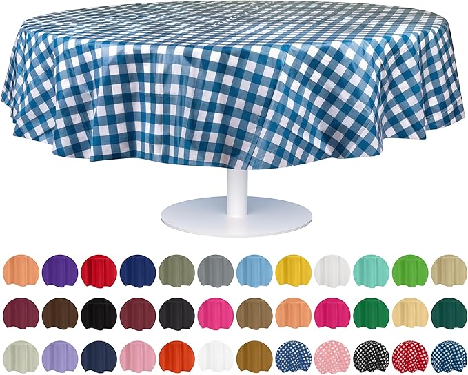 Grandipity 12 Pack Premium Disposable Plastic Picnic Tablecloth 84" Inch Decorative Round Table Cover - Blue Checkered Gingham
