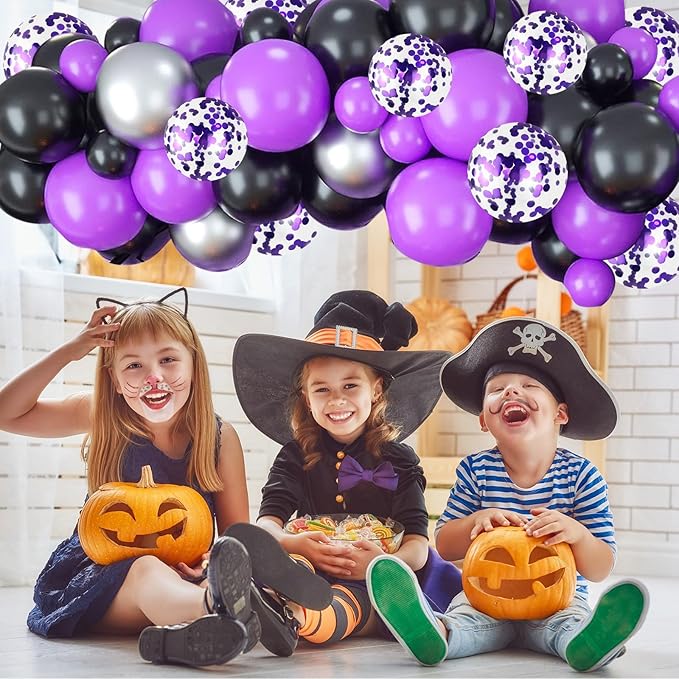 Purple and Black Balloons, 60 Packs 12 Inch Dark Purple Light Purple Black Balloons with Metallic Silver Confetti Latex Balloons for Halloween, Girls Women Birthday Wedding Party Decorations