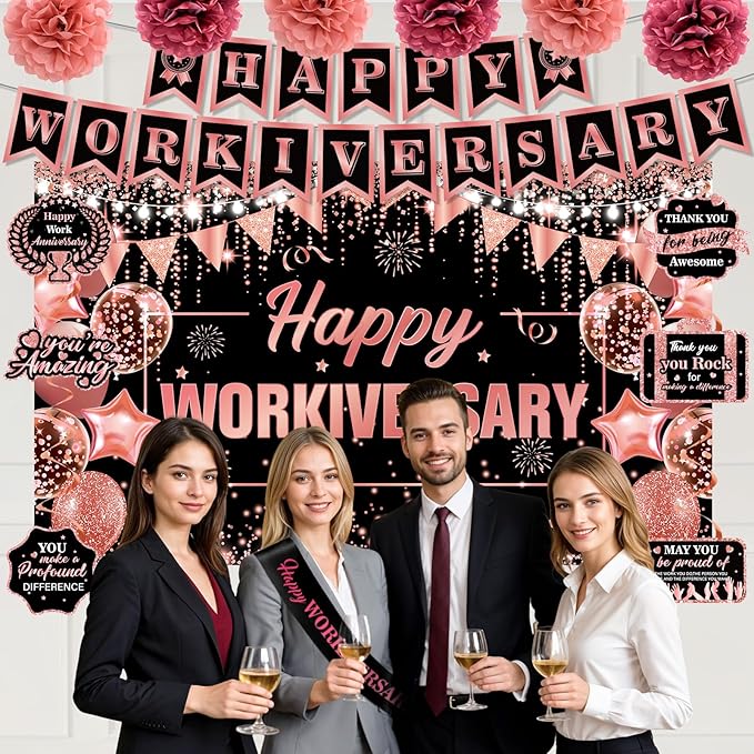 Happy Work Anniversary Decorations Rose Gold Happy Workiversary Banner Honeycomb Centerpieces Hanging Swirls Tissue Paper Pompoms Sash Set for Women Office Employee Worker Appreciation Party Supplies
