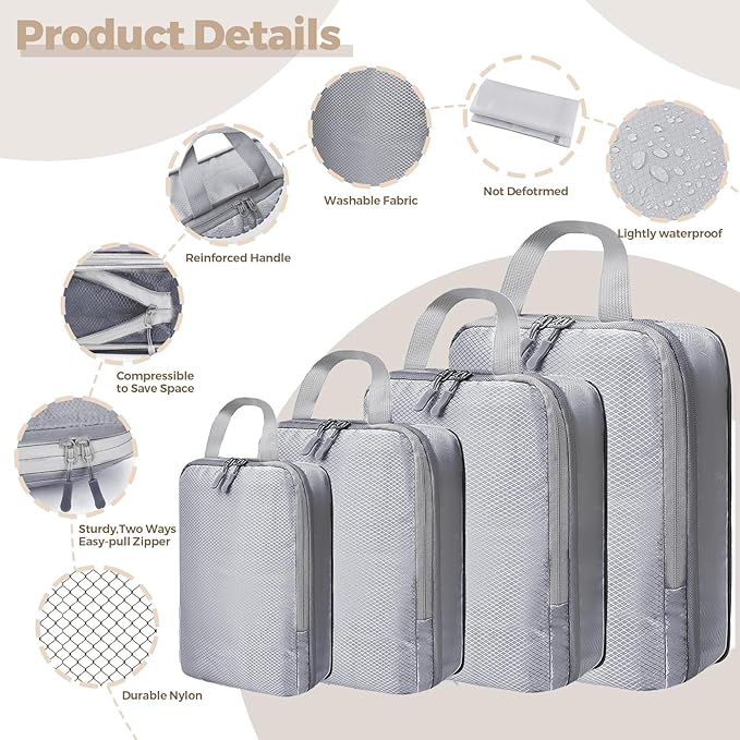 4 Set Compression Packing Cubes for Suitcase - Space-Saving Luggage Organizer Bags, Lightweight Travel Essentials for Efficient Packing (Grey)