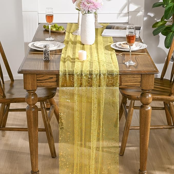 Artoid Mode Light Yellow Gold Gauze Table Runner 59x120 Inch 10FT, Glitter Metallic Foil Sheer Dining Wedding Anniversary Holiday Birthday Table Decor for Home Party