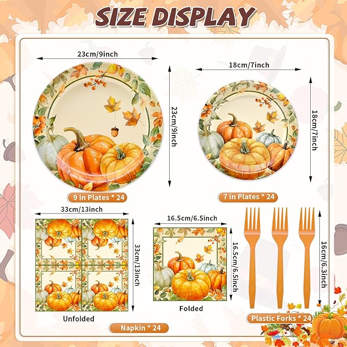 96 Pieces Fall Plates and Napkins Thanksgiving Tableware Set, Pumpkin Maple Leaf Disposable Dinnerware with Paper Plates, Napkins, and Forks for Thanksgiving Autumn Harvest Party Supplies- Serves 24