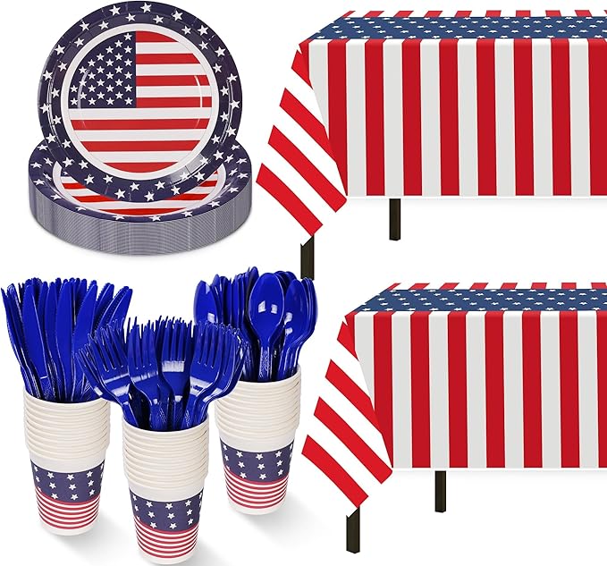 Childom Patriotic Party Supplies,152Pcs American Flag Themed Party Set,Patriotic Party Decorations,American Flag Tablecloth,4th of July Plates Cups,Red White and Blue Decor for Outside,Picnic,Memorial