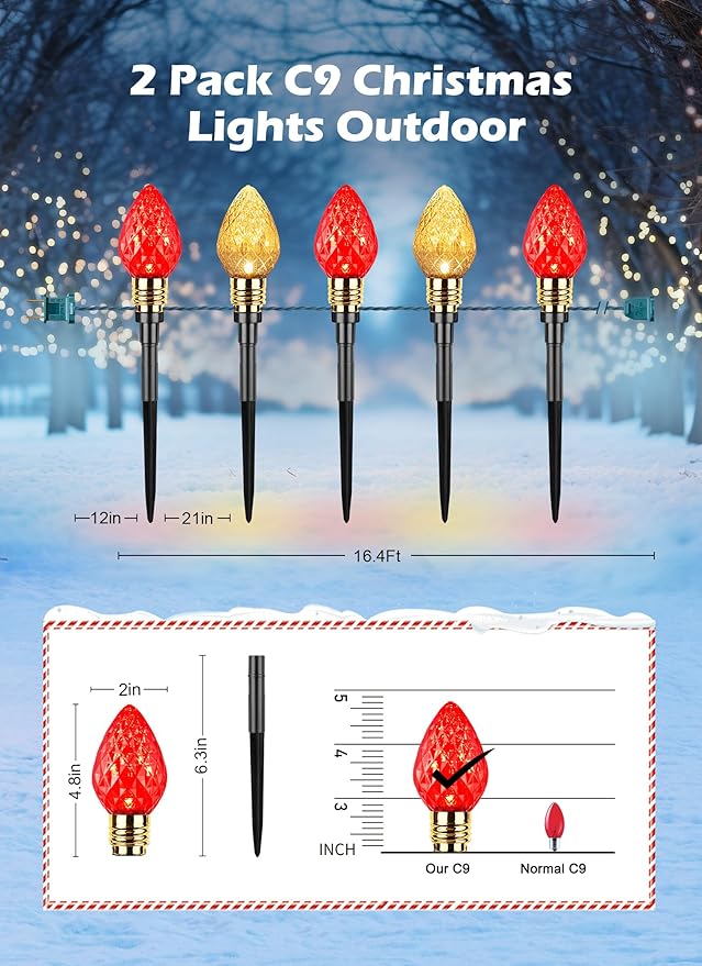 Brightown 2 Pack Strawberry C9 Christmas Pathway Lights Outdoor - Total 34.8 Feet 20 LED C9 Walkway Lights, Christmas Light Outdoor, Christma Outside Decorations for Lawn Holiday, Red & Warm White
