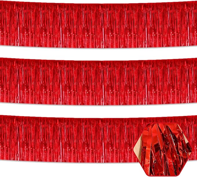 3 Pack 10 Long Red Metallic Foil Fringe Garland Wall Hanging Tassle Banner, Mother's Day, Easter, Parade Floats, Birthday, Theme Party, Wedding Party Decorations
