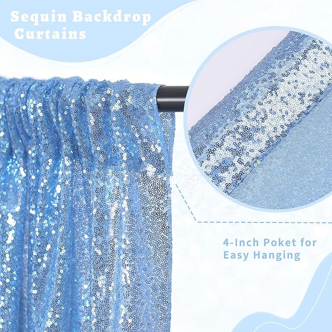 B-COOL Baby Blue Backdrop Curtains 4 Panels Baby Shower Sparkly Drapes 2ft x 8ft Baby Shower Curtain Drapes Baby Blue Spring Stage Backdrop Fabric