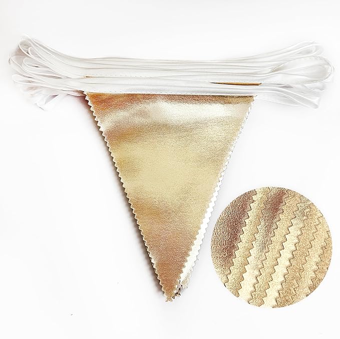 Champagne Gold Party Decoration Metallic Fabric Triangle Pennant Banner Flag Bunting Garland for Birthday Engagement Bridal Shower Wedding Anniversary Graduation Bachelorette Party Decoration Supplies