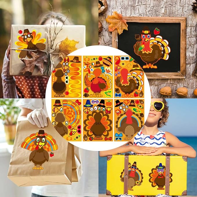 Turkey Stickers 24 PCS Thanksgiving Stickers for Kids, Make Your Own Turkey Sticker Sheets for Thanksgiving Party Favors DIY Crafts Sticker Classroom Teacher Reward