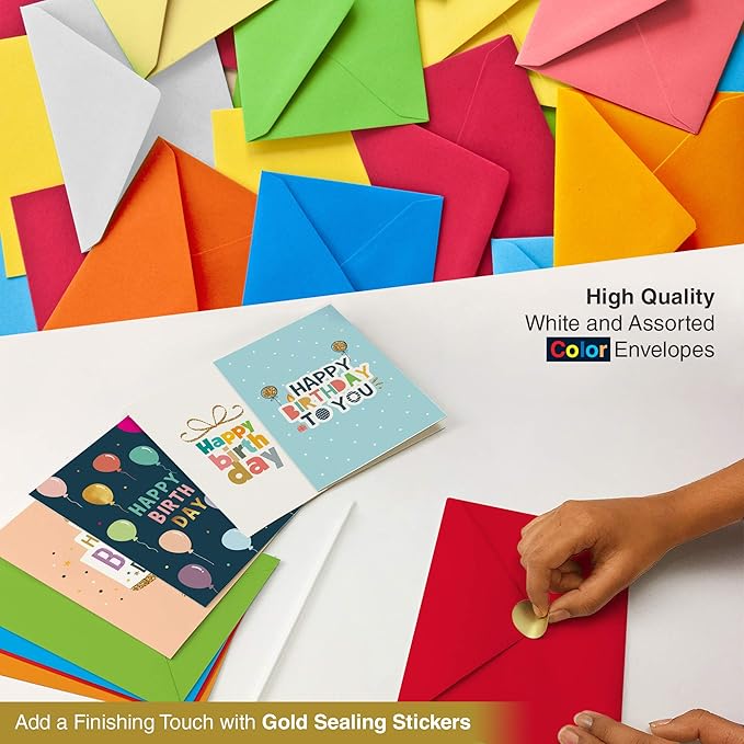 Dessie 30 Unique Happy Birthday Cards 5x7 - Gold Foil Birthday Cards Bulk With Message Inside. 32 White and Colored Envelopes, Perpetual Birthday Calendar and Gold Sealing Stickers Included In Box