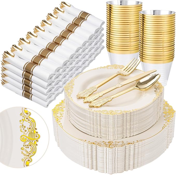 Nervure 350PCS Ivory Plastic Plates - Ivory Gold Plastic Dinnerware Sets for 50 Guests - 100 Gold Disposable Plates, 50 Pre Rolled Silverware Sets, 50 Cups Perfect for Wedding & Party