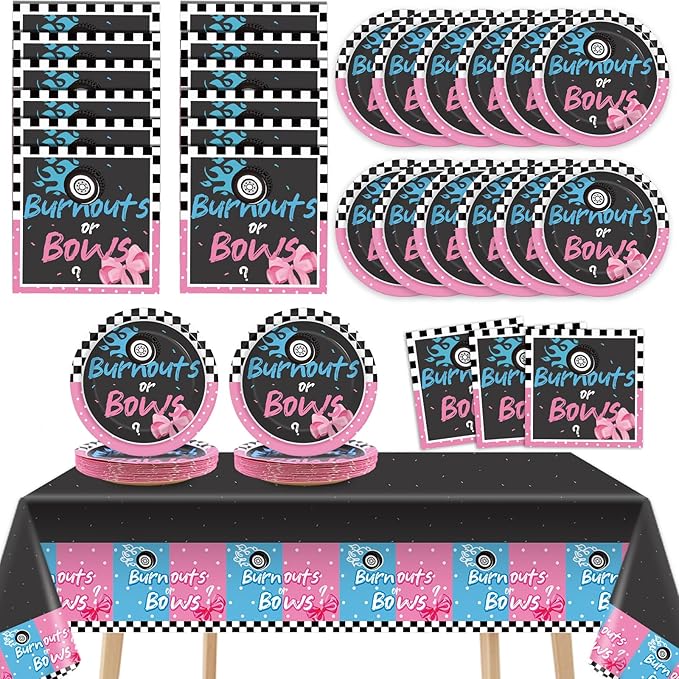 Qyeahkj 24 Guests Burnouts or Bows Gender Reveal Party Supplies Baby Boy or Girl Disposable Plates and Napkins Tablecloth Baby Shower Party Decorations Paper Tableware Set Decor Party Favors