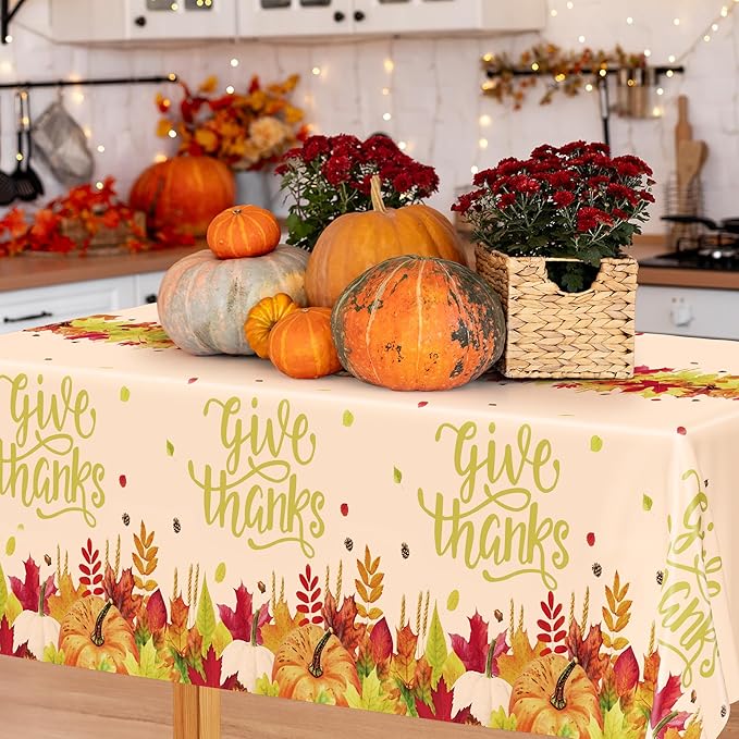 QZYL 4 Pack Thanksgiving Tablecloths, 54" x 108" Fall Plastic Tablecloth, Rectangle Maple Leaves Pumpkin Disposable Table Cloths Tablecover, Thanksgiving Decorations Table Decor Fall Party Supplies