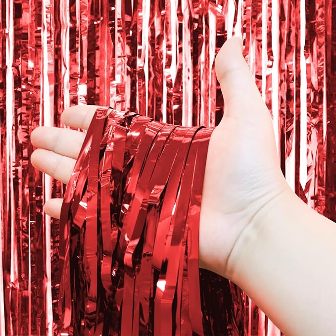 Homiest 6 Pack Red Tinsel Backdrop, 3.3x6.6 FT Metallic Tinsel Foil Fringe Curtains Party Decorations, Birthday Door Streamers for Baby Shower Wedding, Photo Booth Props Background Wall Decor