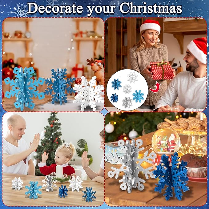 OuMuaMua 12 Set Winter Christmas Centerpiece Table Decorations - 24pcs Wooden Snowflakes Decor 3D White Blue Snowflake Tabletop Decor for Xmas Holiday Tiered Tray Winter Farmhouse Home Decor