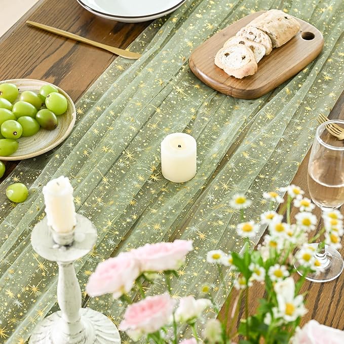 Horaldaily Sage Green Gold Sparkling Star Gauze Tablecloth 60x84 Inch Rectangular, Golden Star Sequin Glitter Metallic Foil, Sheer Tulle Cheesecloth for Wedding Baby Shower Party